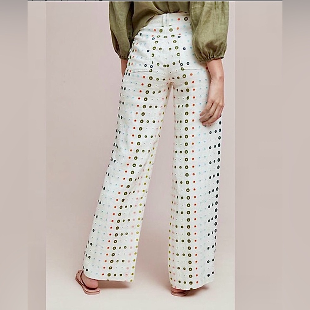 Anthropologie White Wide Leg Pants with Eyelet Detail - Picture 2 of 5